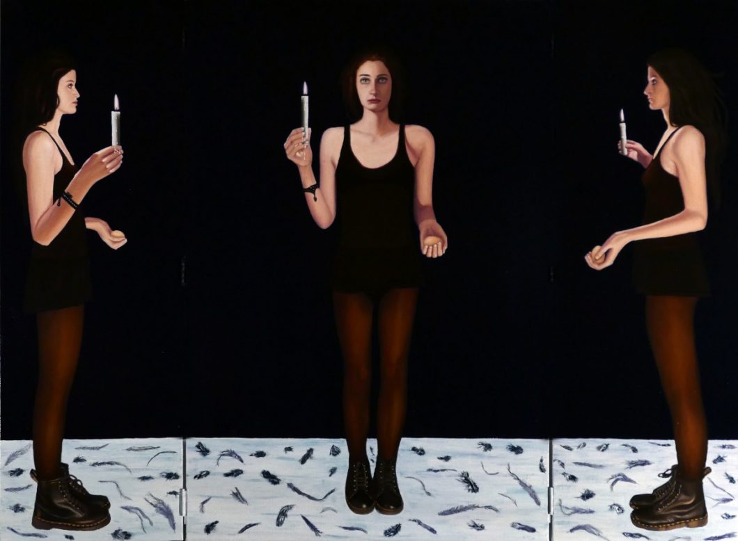 'Triptyque ouvert', huile sur toile, plumes, cire, 160 cm x 120 cm, 2015